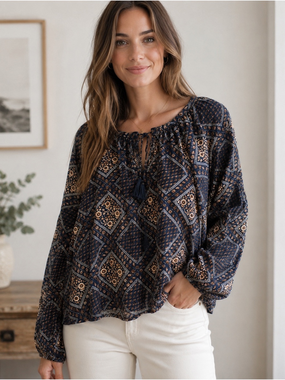 Lucky Brand Women’s Large Navy Boho Print Tassel Tie Long Sleeve Blouse